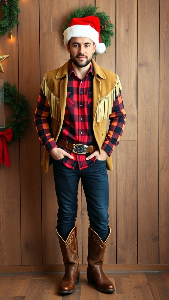 Western-themed Christmas outfit with plaid shirt, denim jeans, cowboy boots, and Santa hat.